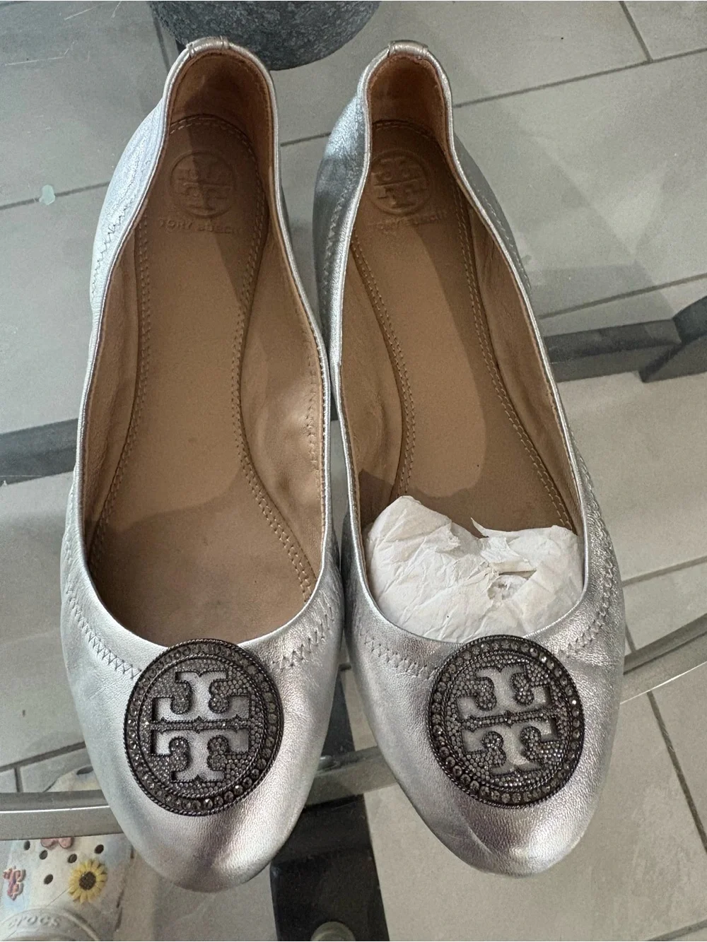 Tory Burch Metallic Silver Leather Logo Ballet Flats